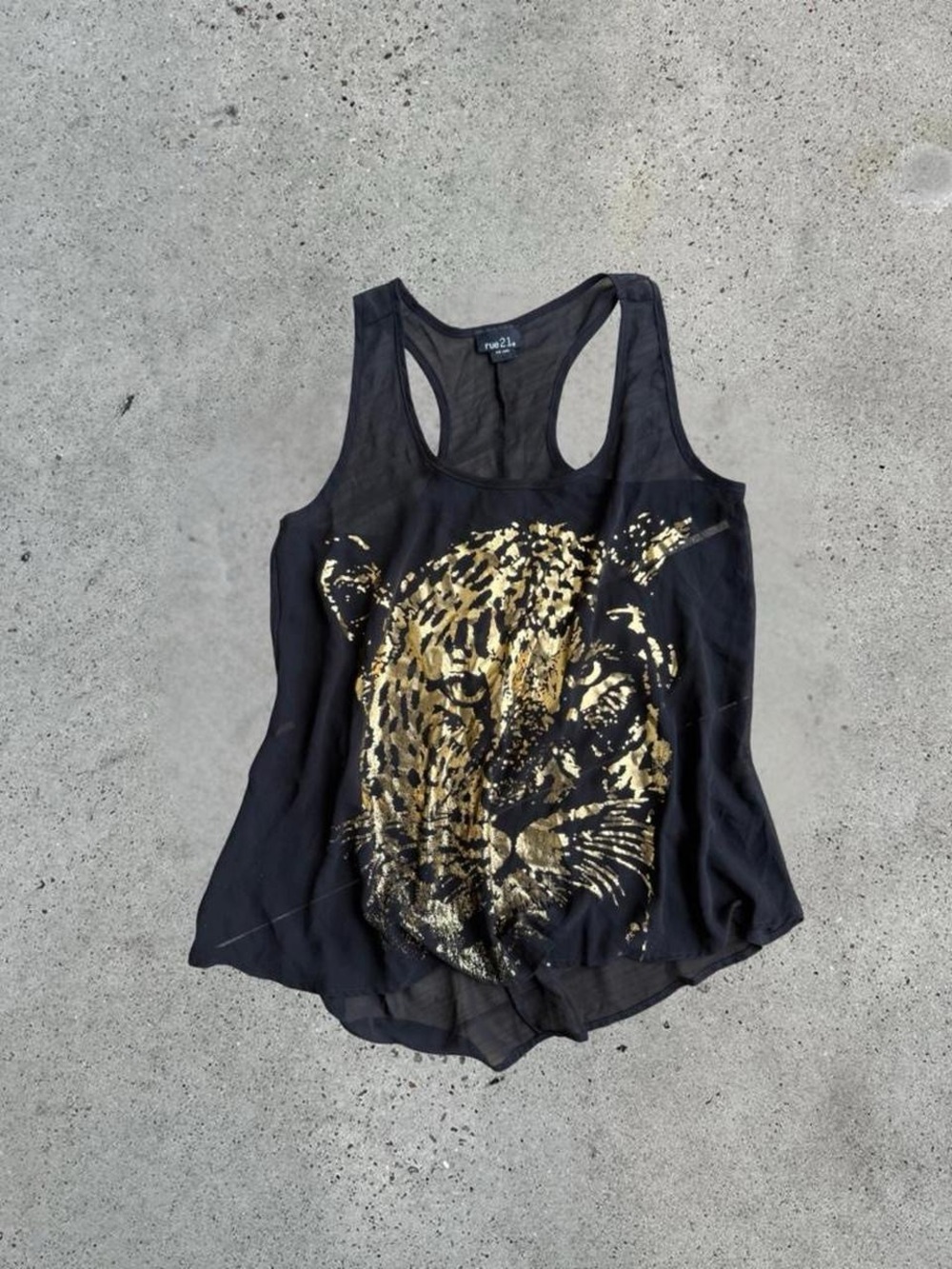 Rue21 Black Racerback Tank with Gold Leopard Graphic